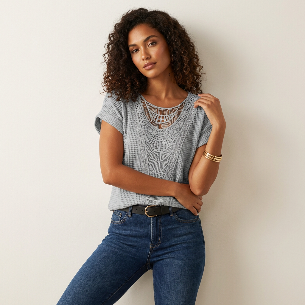 Elegant lace top with round neck and short sleeves – Isabella
