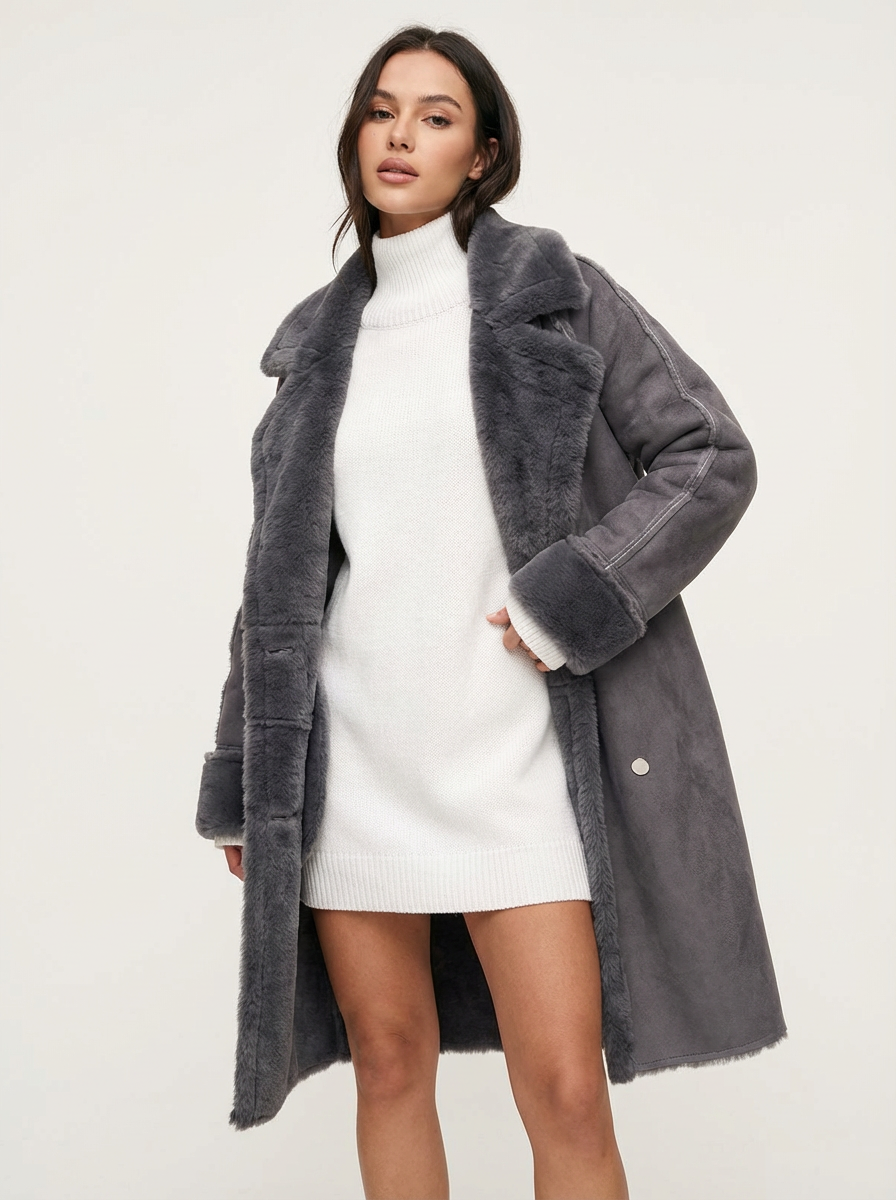 Elegante lange teddy damesmantel met zachte voering