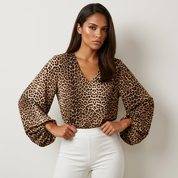 Elegante luipaardprint dames blouse met V-hals – Celeste