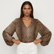 Elegante luipaardprint dames blouse met V-hals – Celeste