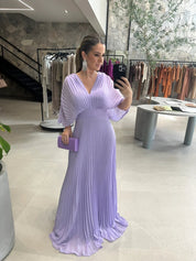 Elegante maxi jurk met plissérok en wijde mouwen