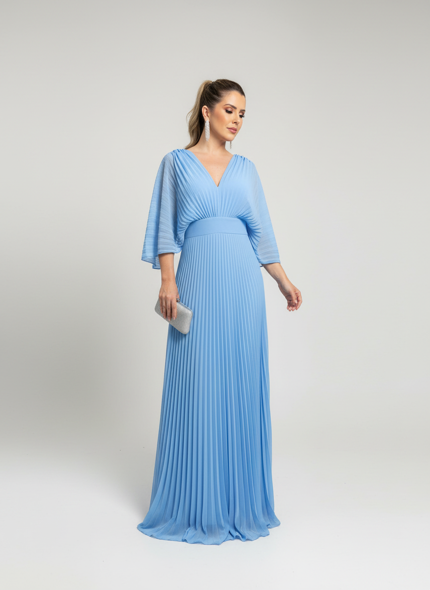 Elegante maxi jurk met plissérok en wijde mouwen