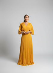 Elegante maxi jurk met plissérok en wijde mouwen