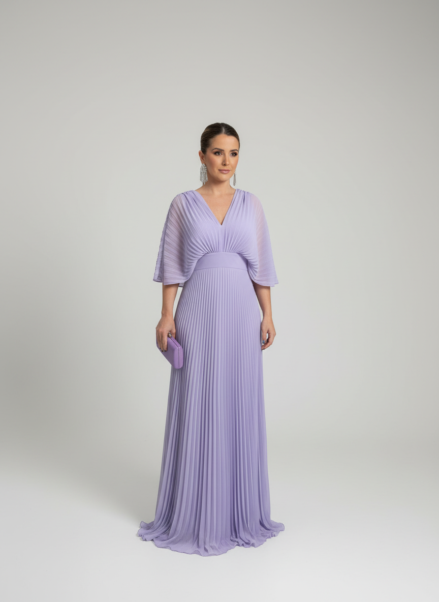 Elegante maxi jurk met plissérok en wijde mouwen