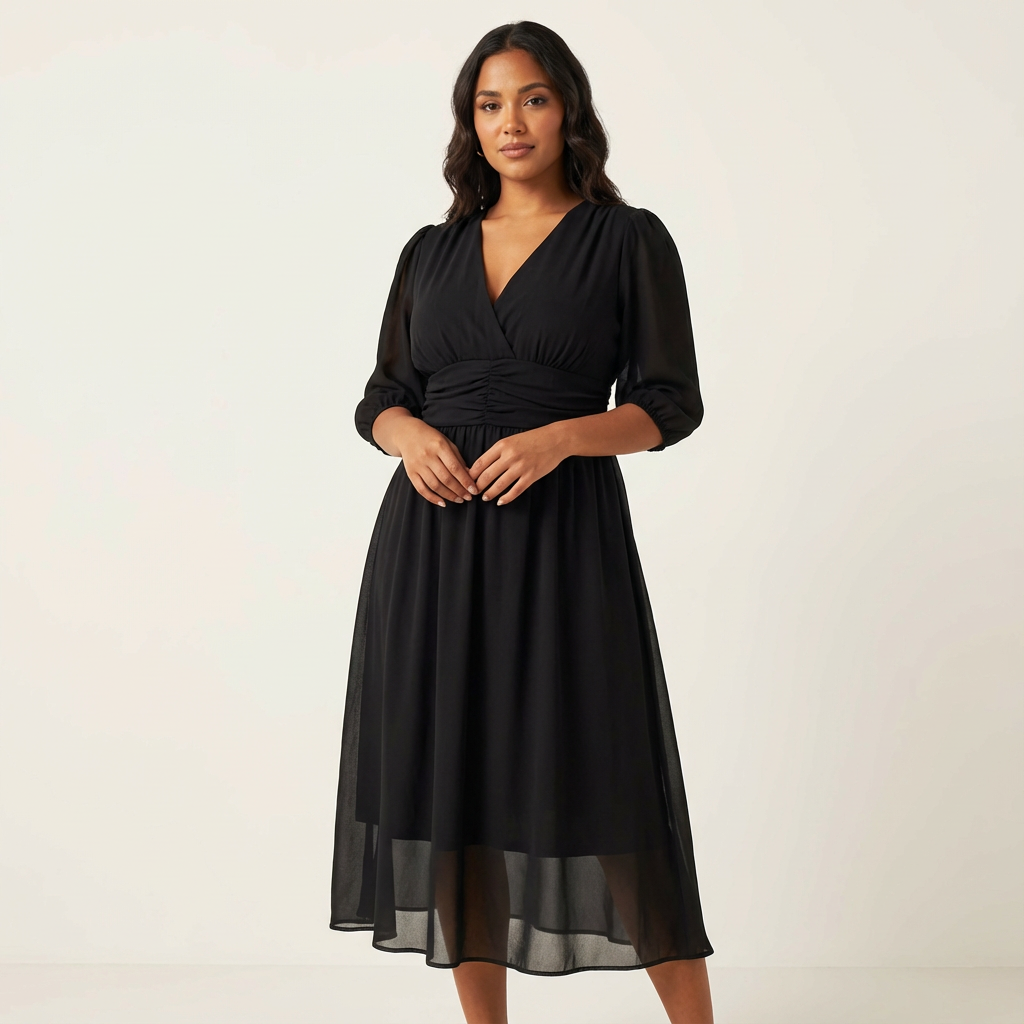 Elegante midi jurk met V-hals en geplooide taille