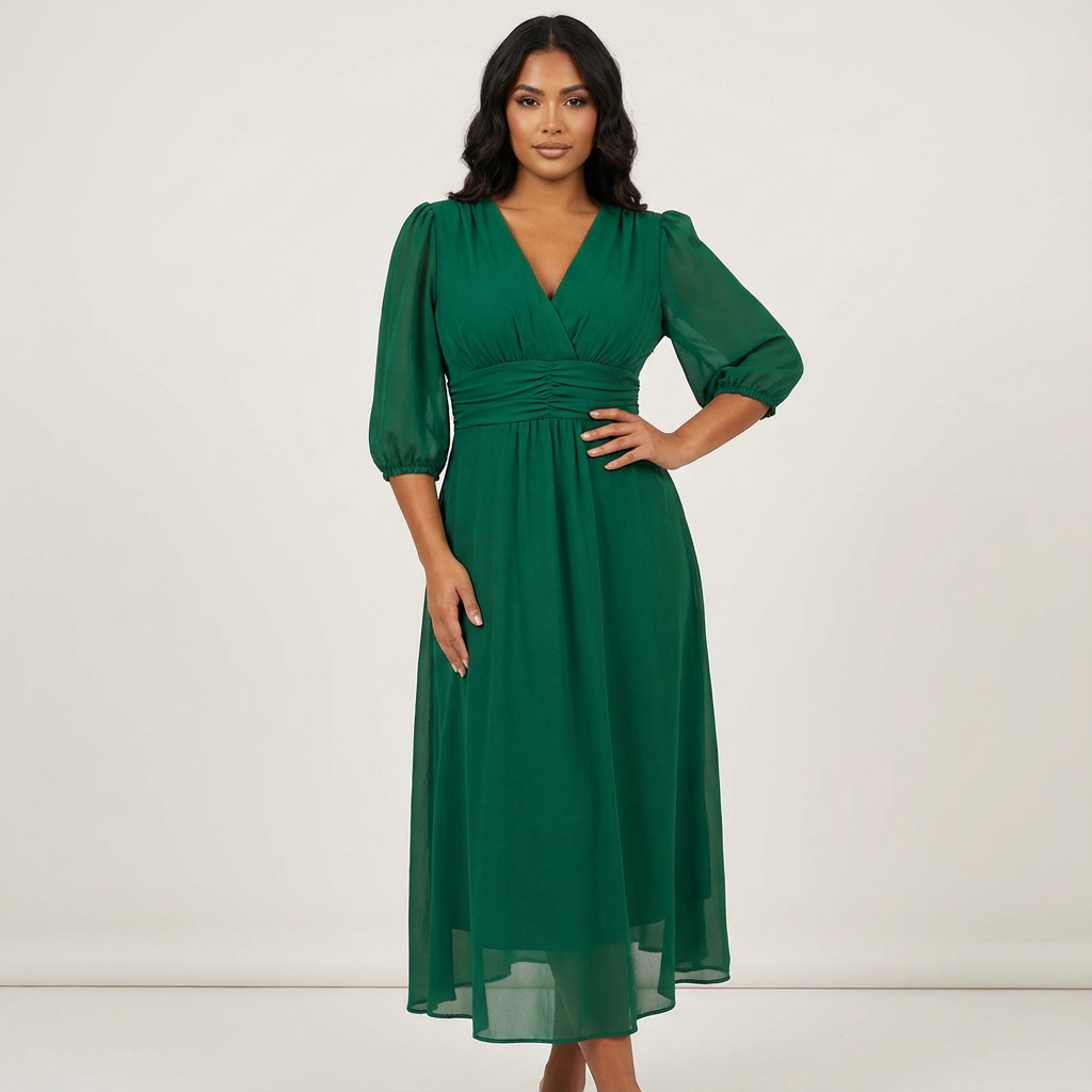 Elegant midi dress with a V-neck and pleated waist