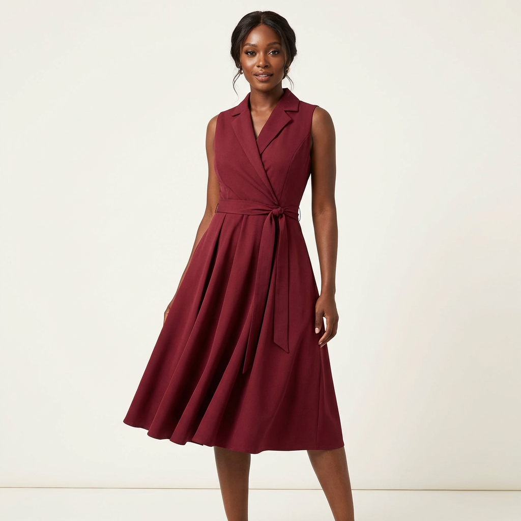 Elegant sleeveless midi dress with tie belt – Seraphina
