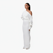 Elegante off-shoulder gebreide maxi jurk met asymmetrische halslijn