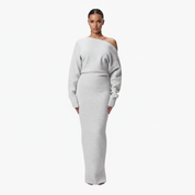 Elegante off-shoulder gebreide maxi jurk met asymmetrische halslijn