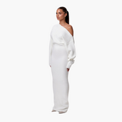 Elegante off-shoulder gebreide maxi jurk met asymmetrische halslijn