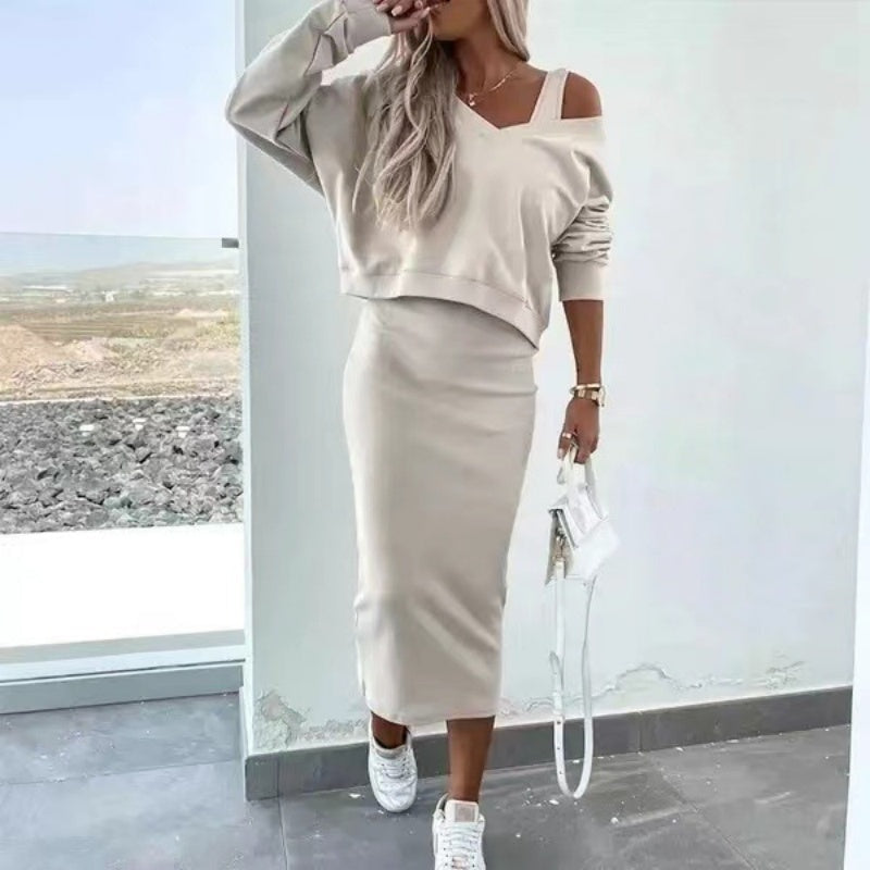 Elegante off-shoulder knit set met midi rok
