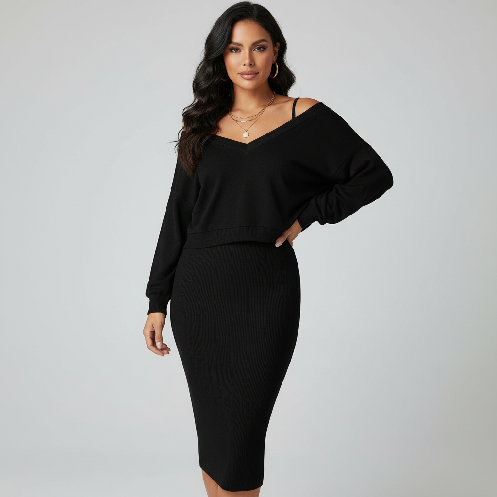 Elegante off-shoulder knit set met midi rok
