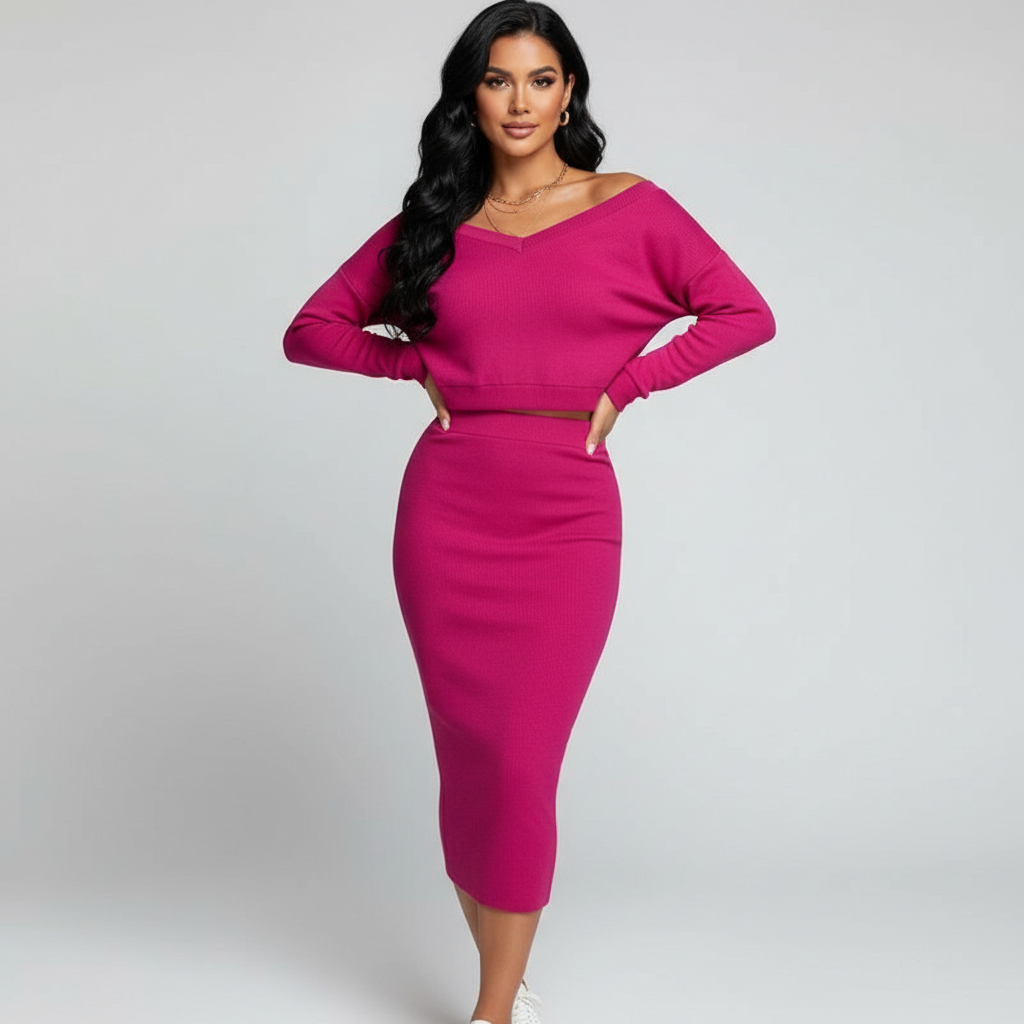 Elegante off-shoulder knit set met midi rok