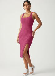 Elegante ribgebreide midi jurk met split