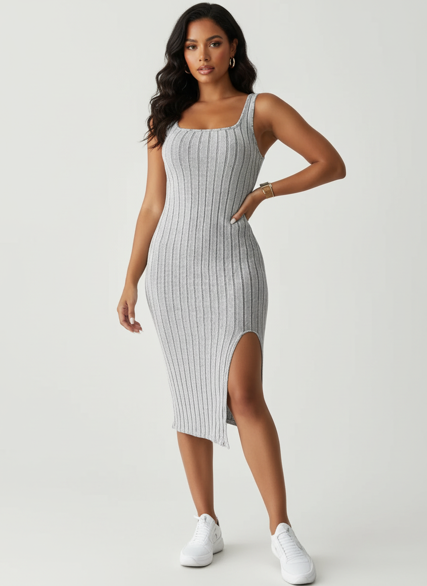 Elegante ribgebreide midi jurk met split