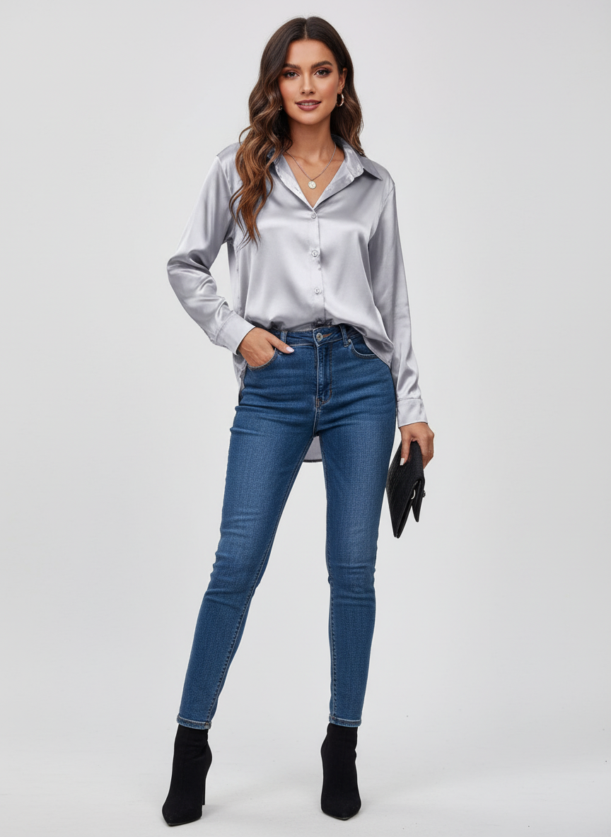 Elegante satijnen damesblouse met lange mouwen