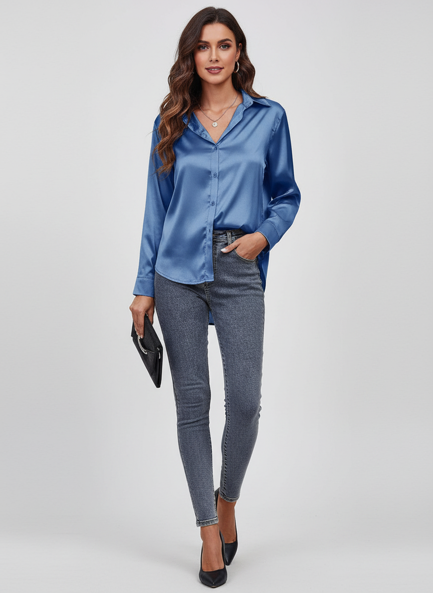 Elegante satijnen damesblouse met lange mouwen