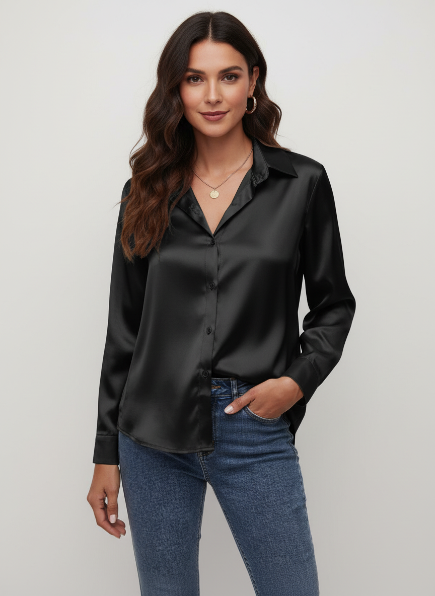 Elegante satijnen damesblouse met lange mouwen