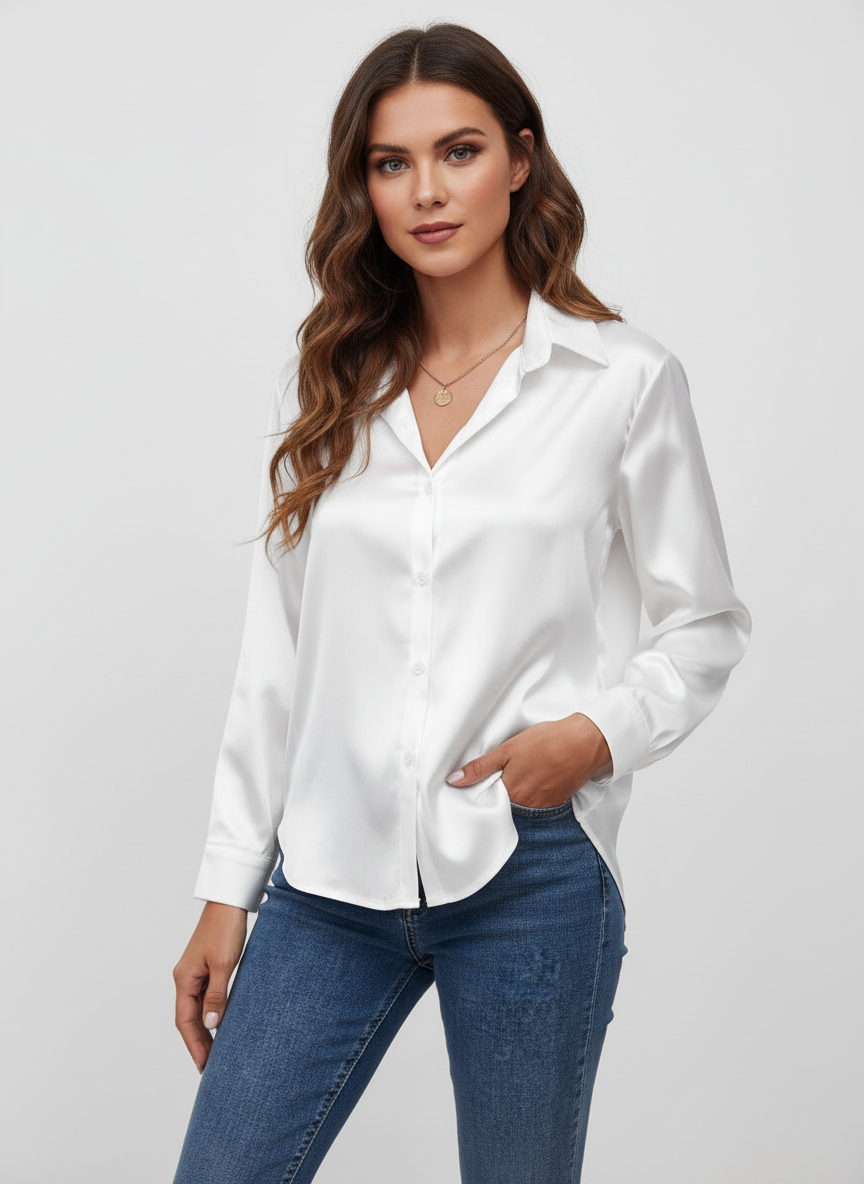 Elegante satijnen damesblouse met lange mouwen