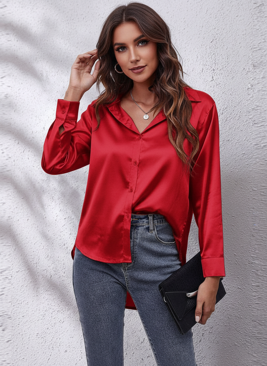 Elegante satijnen damesblouse met lange mouwen