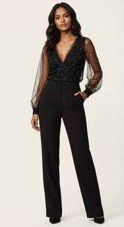 Elegante zwarte dames jumpsuit met transparante mouwen