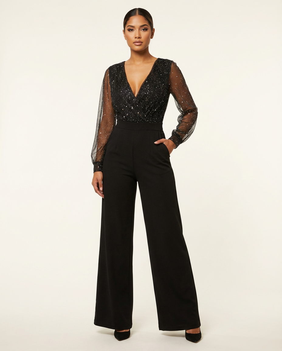 Elegante zwarte dames jumpsuit met transparante mouwen