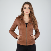 Faux-leren damesjas met capuchon en ritssluiting