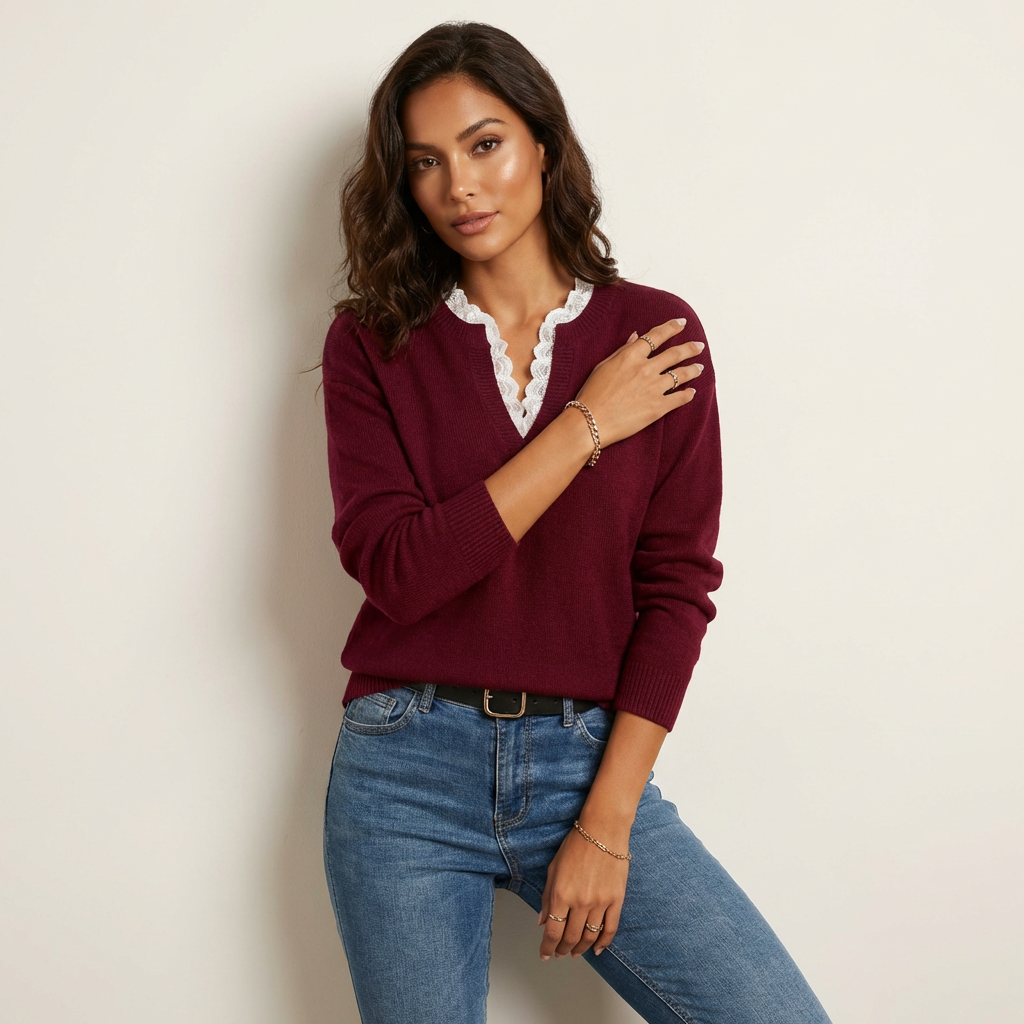 Fijne gebreide dames trui met kanten hals – Antonella