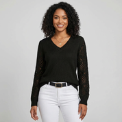 Fijngebreide v-hals damestrui met opengewerkte mouwen