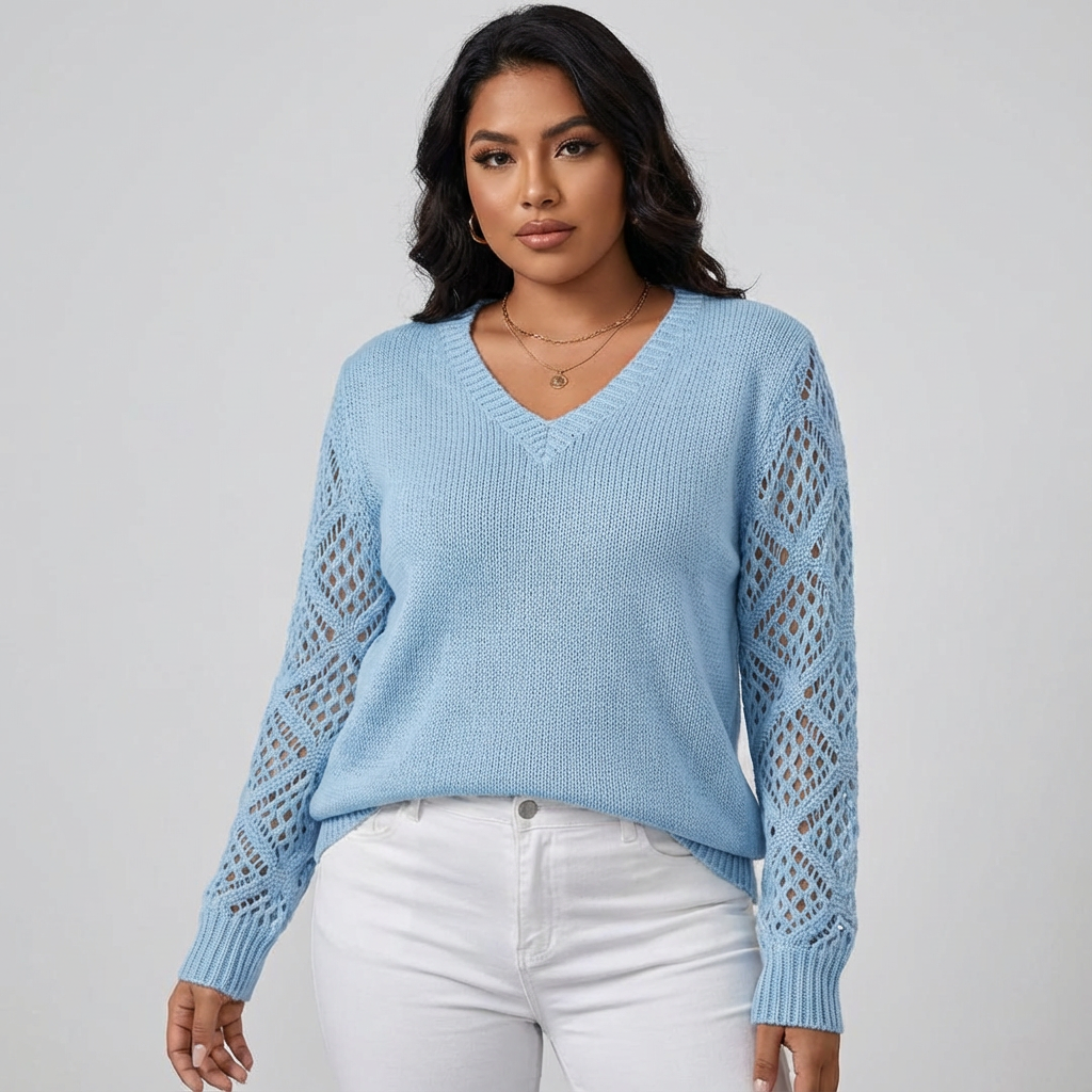 Fijngebreide v-hals damestrui met opengewerkte mouwen