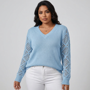 Fijngebreide v-hals damestrui met opengewerkte mouwen