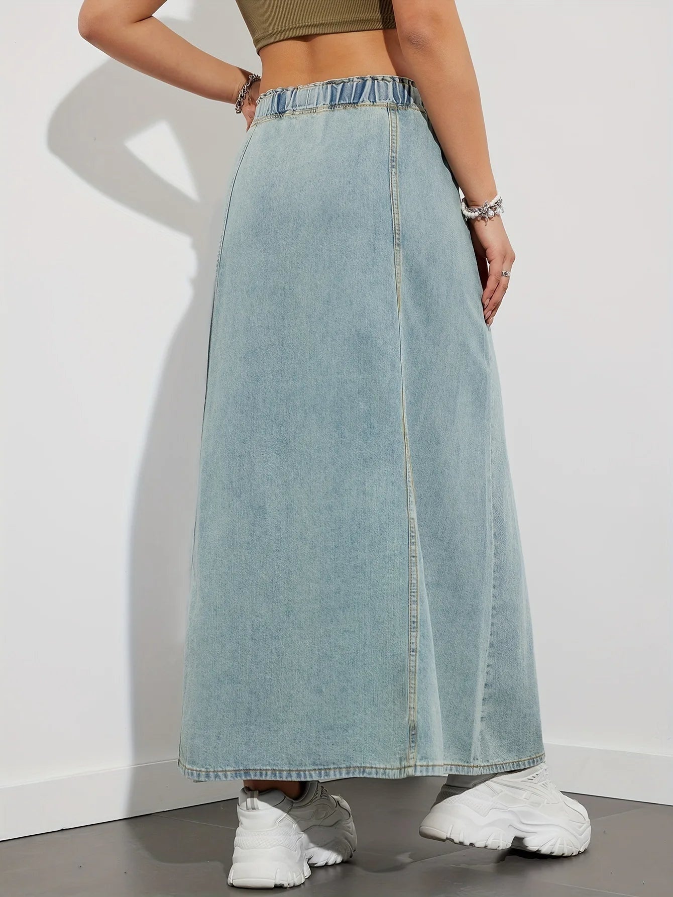 Flatterende denim maxi rok met elastische taille – Arielle