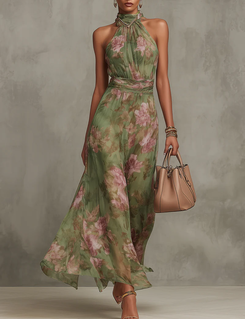 Elegant halter maxi dress with floral print - Fleur