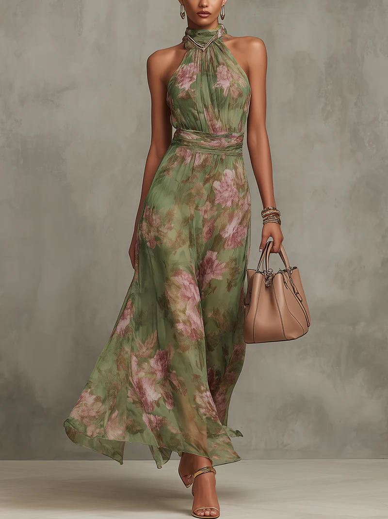 Elegante halter maxi jurk met bloemenprint - Fleur