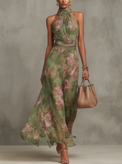 Elegante halter maxi jurk met bloemenprint - Fleur