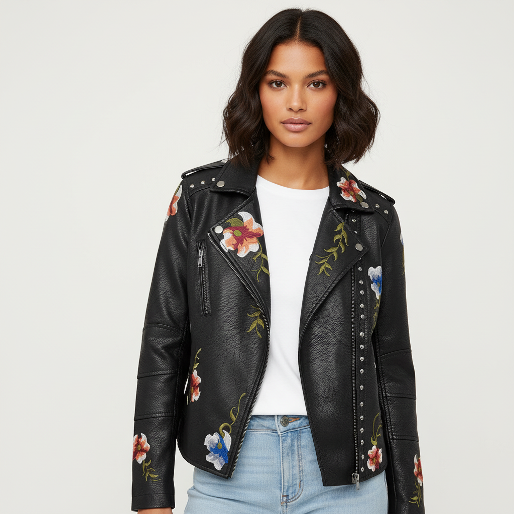 Floral geborduurde biker jas dames – Helena
