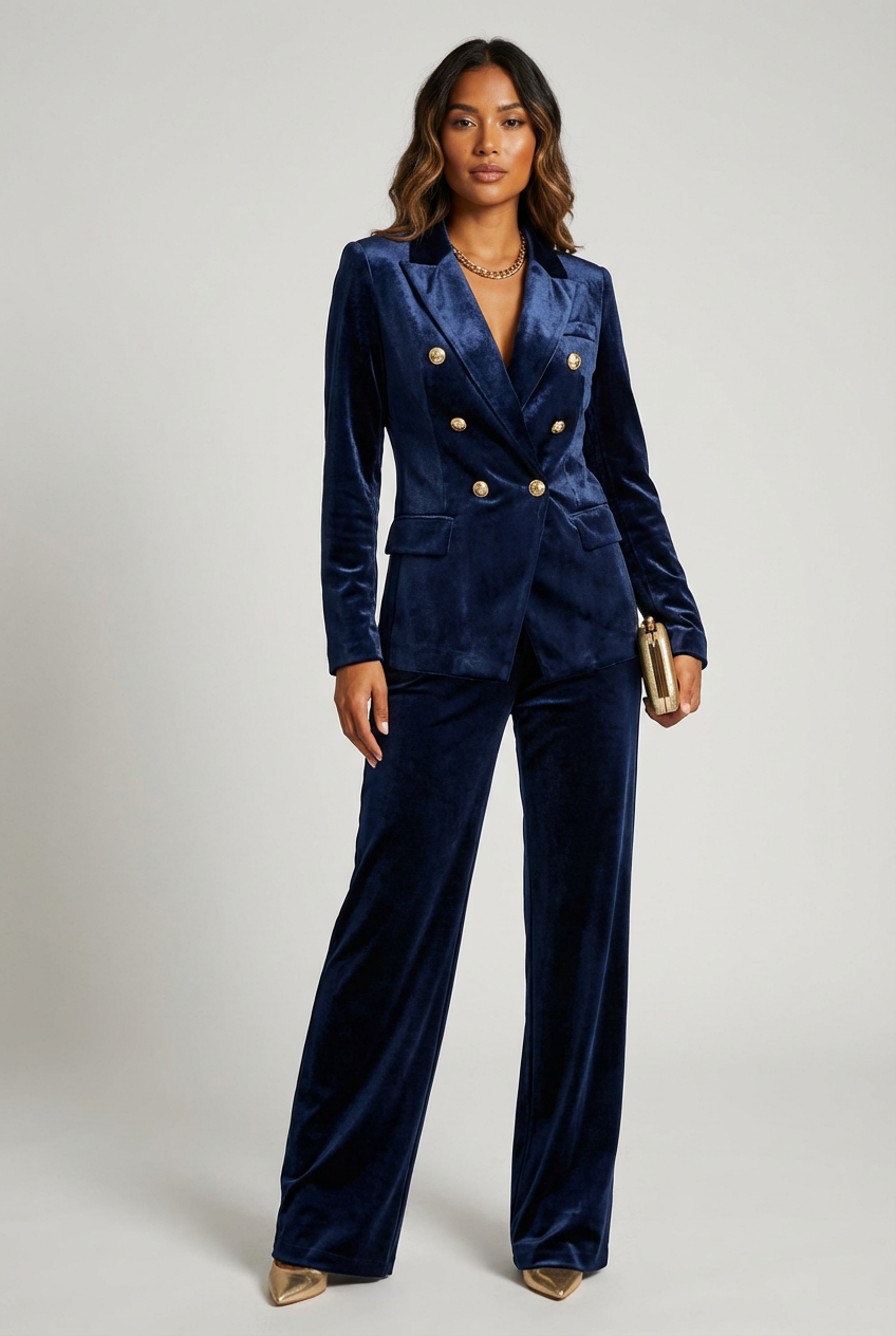 Fluwelen damespak met double breasted blazer en wide leg broek