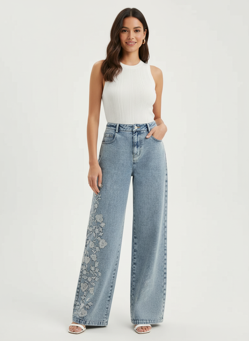Geborduurde wide leg dames jeans – Flora