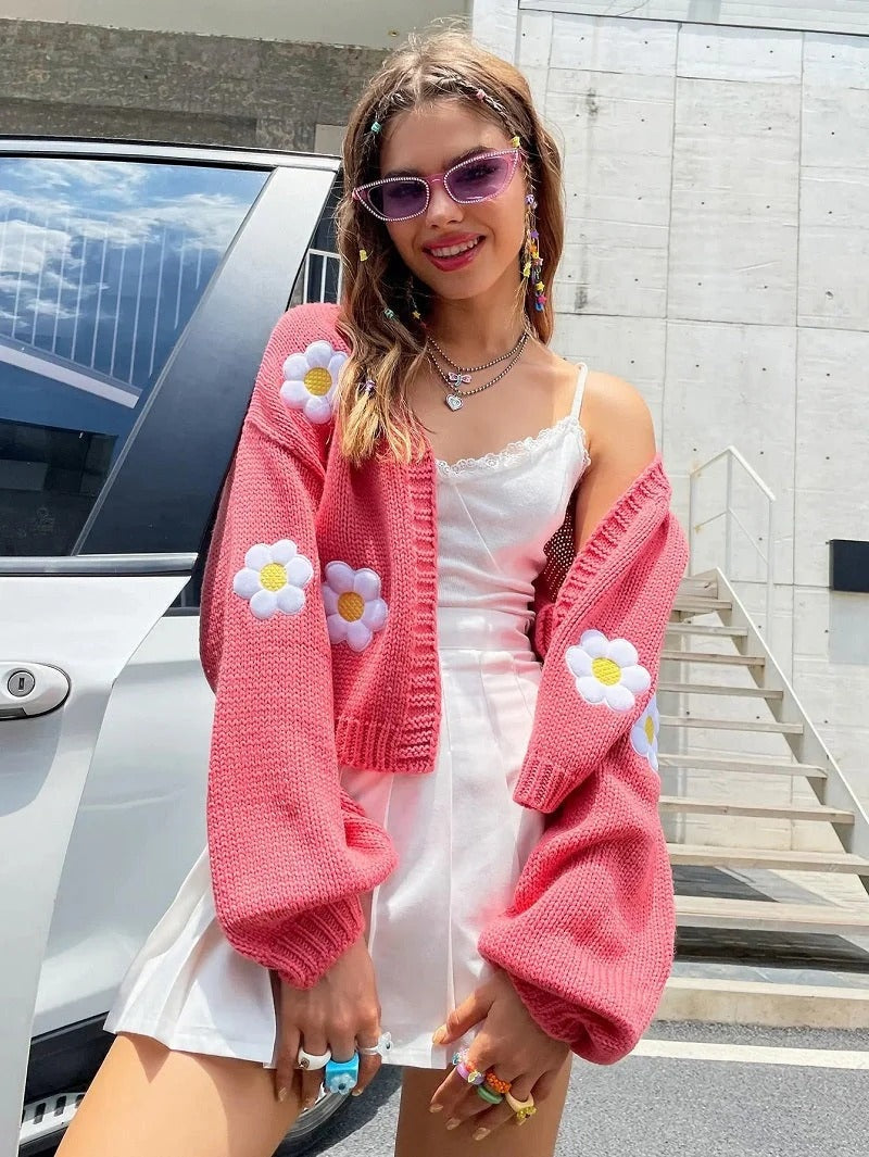 Gebreid dames vest met bloemen – Lies