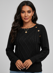 Gebreide dames sweater met sierknopen en kabelstructuur