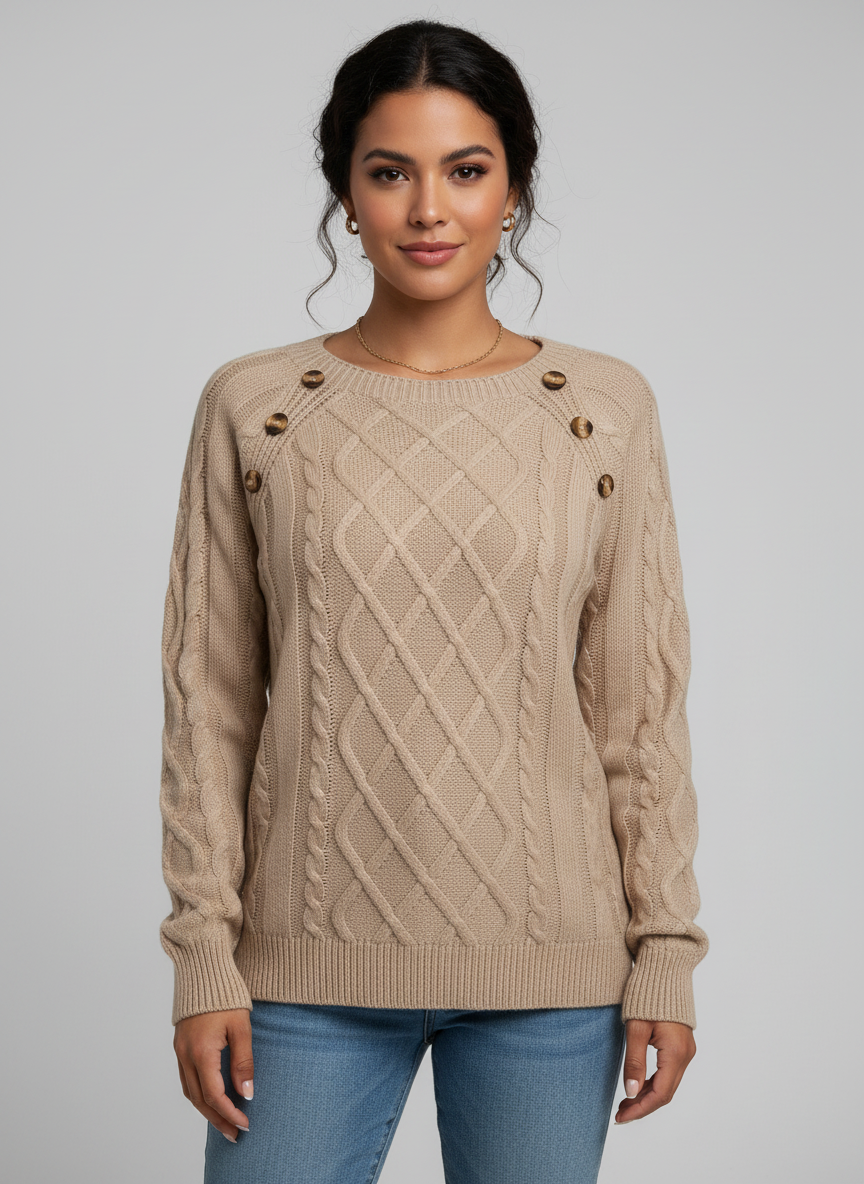 Gebreide dames sweater met sierknopen en kabelstructuur