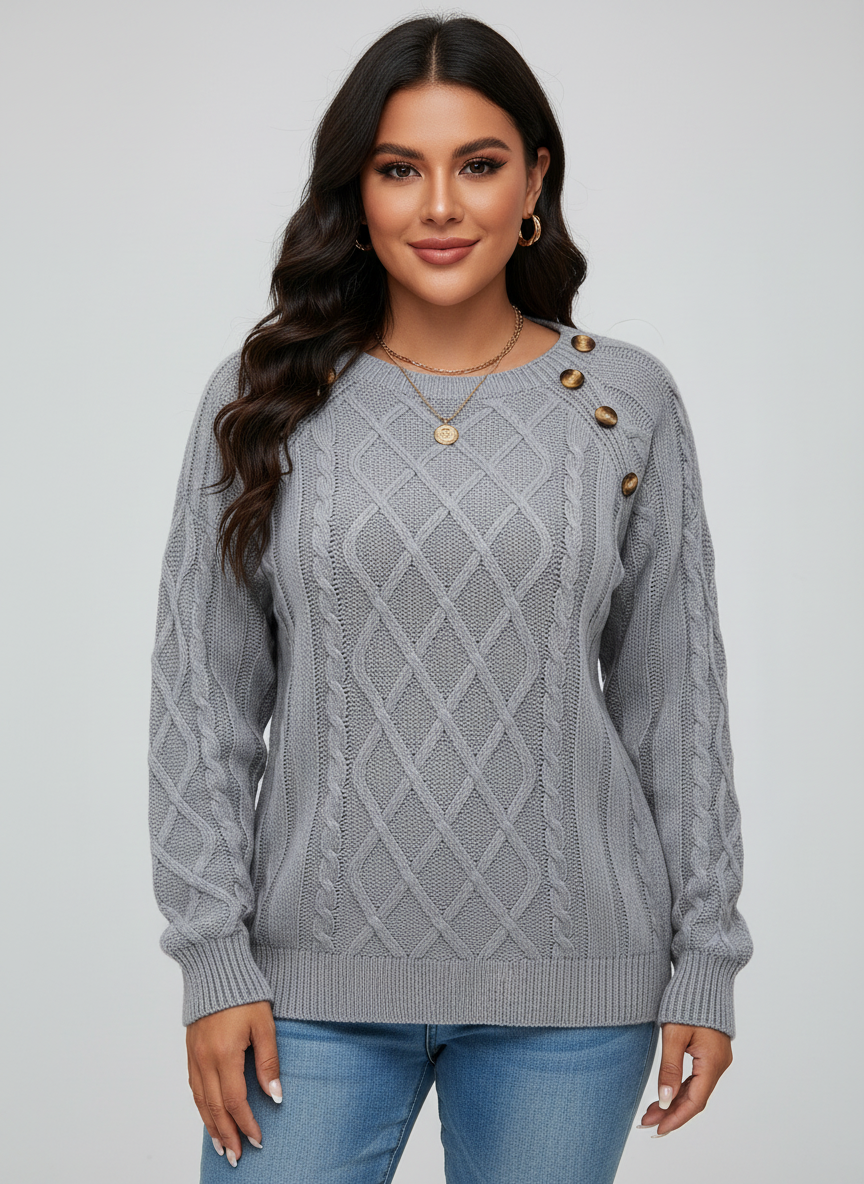 Gebreide dames sweater met sierknopen en kabelstructuur