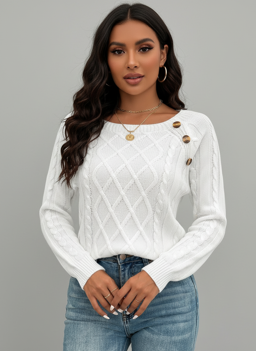 Gebreide dames sweater met sierknopen en kabelstructuur