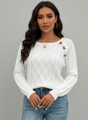 Gebreide dames sweater met sierknopen en kabelstructuur