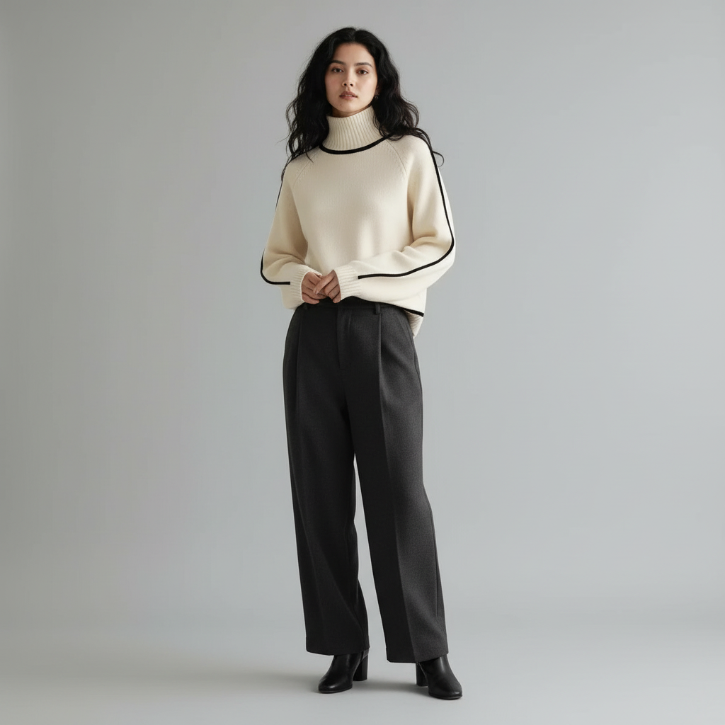 Gebreide damestrui met hoge kraag en contrasterende lijnen