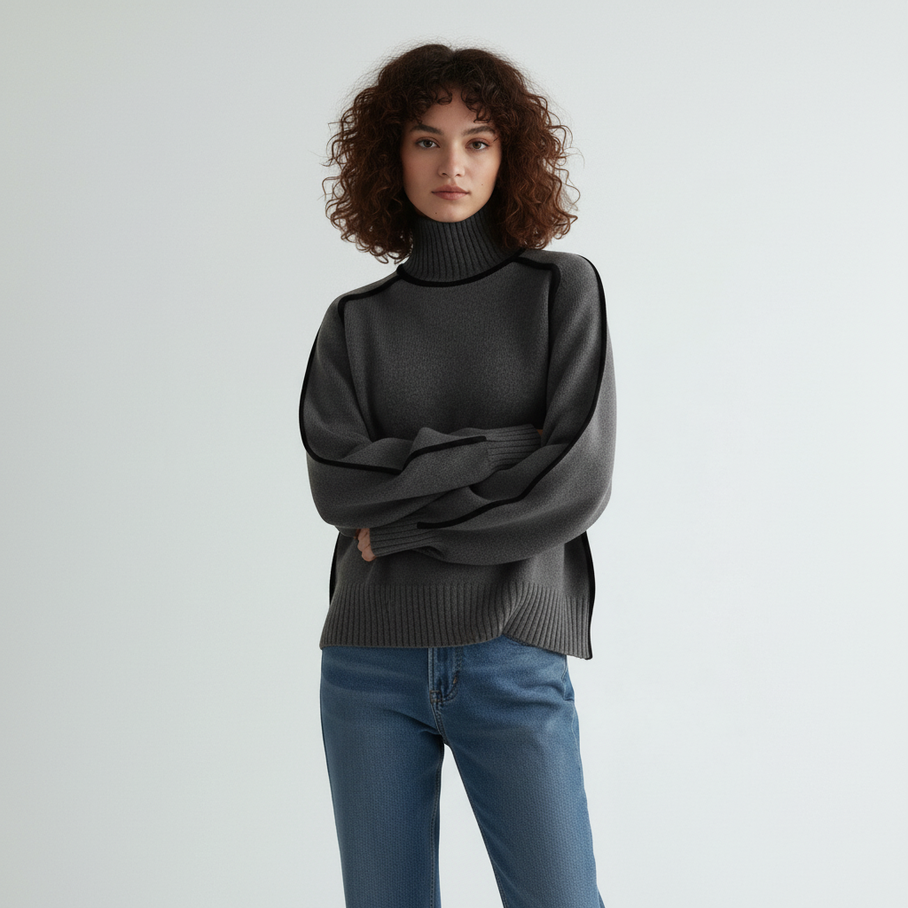 Gebreide damestrui met hoge kraag en contrasterende lijnen