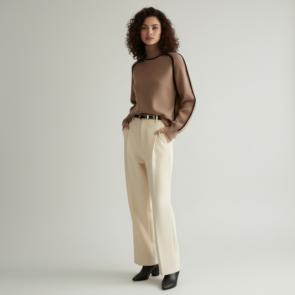 Gebreide damestrui met hoge kraag en contrasterende lijnen