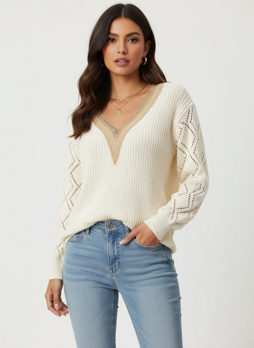 Gebreide ivory V-hals damestrui – Livia