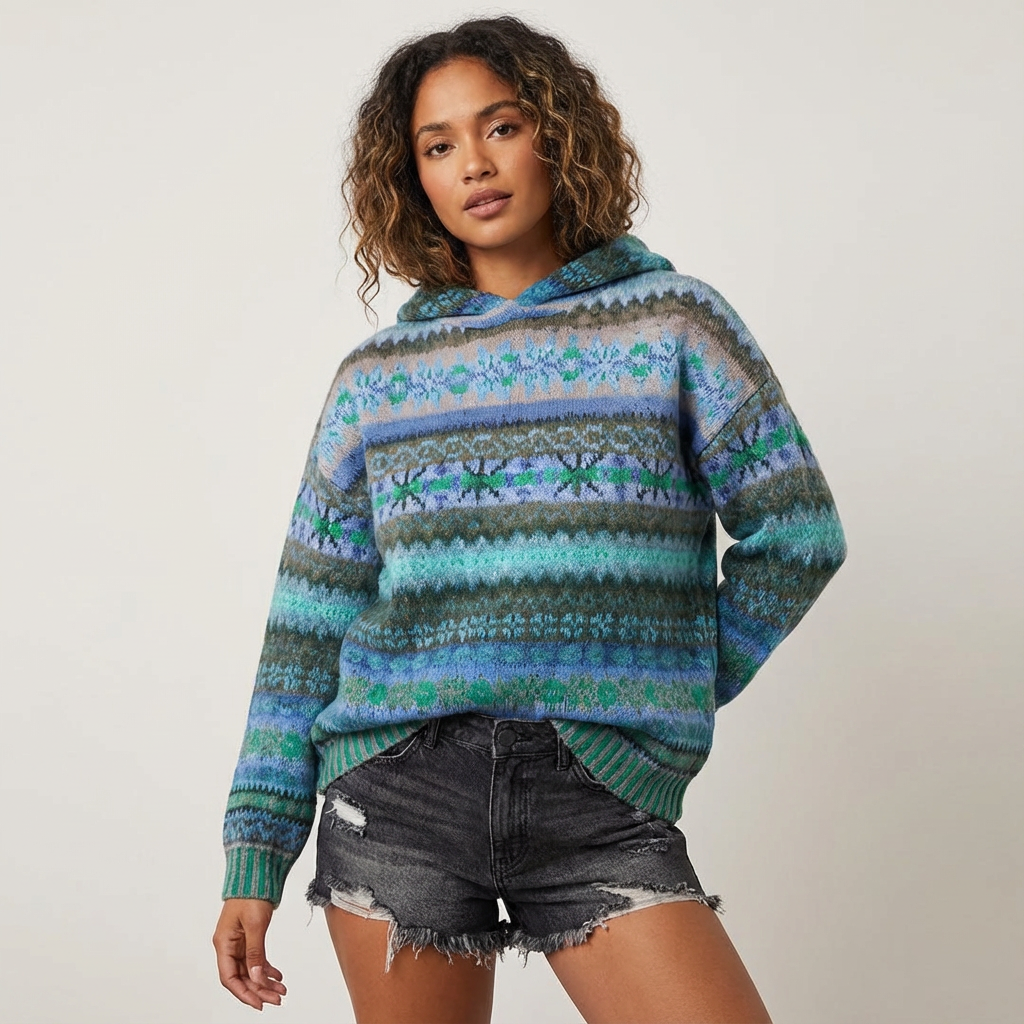 Gebreide multicolor dames pullover hoodie met capuchon