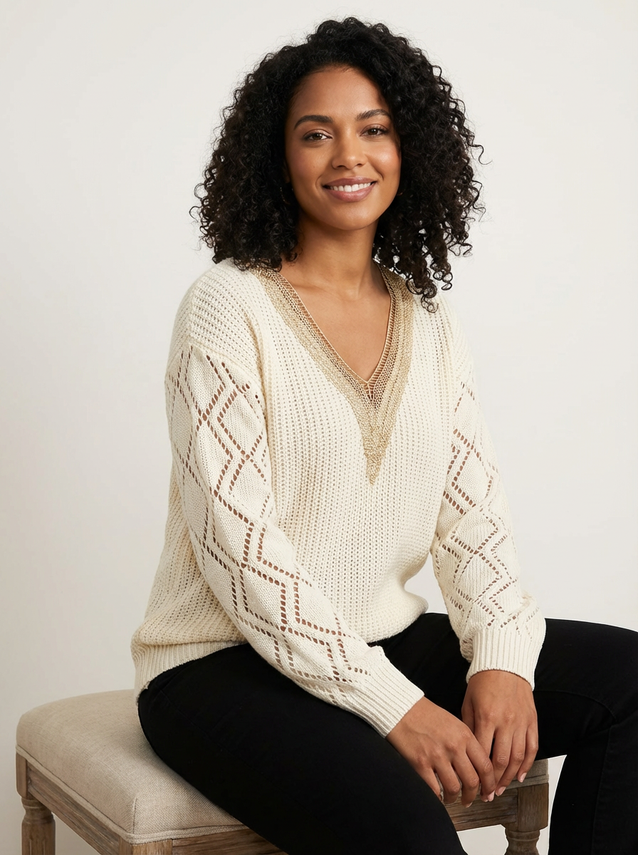 Gehaakte v-hals trui met kantdetail – Hanna